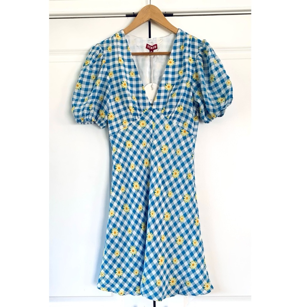 Staud Milla Sundress Blue Gingham Plaid  Daisy Mini Dress Fit And Flare size 4
